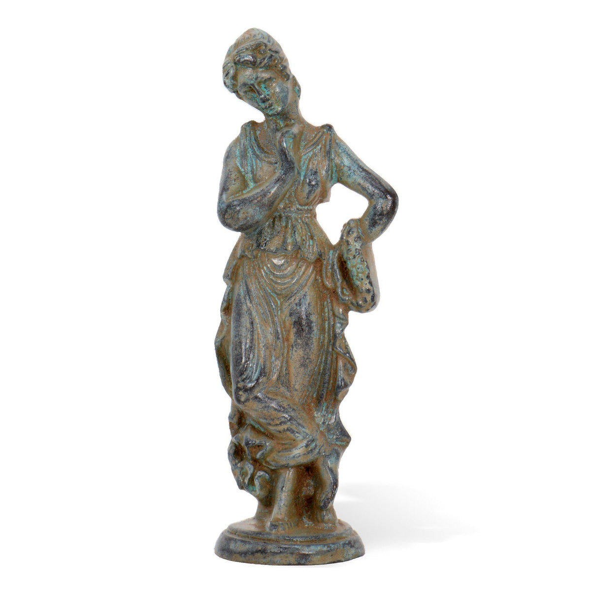 Roman woman in bronze with green patina, draped dress and elegant pose, depicted on a decorative base and photographed on a white background.