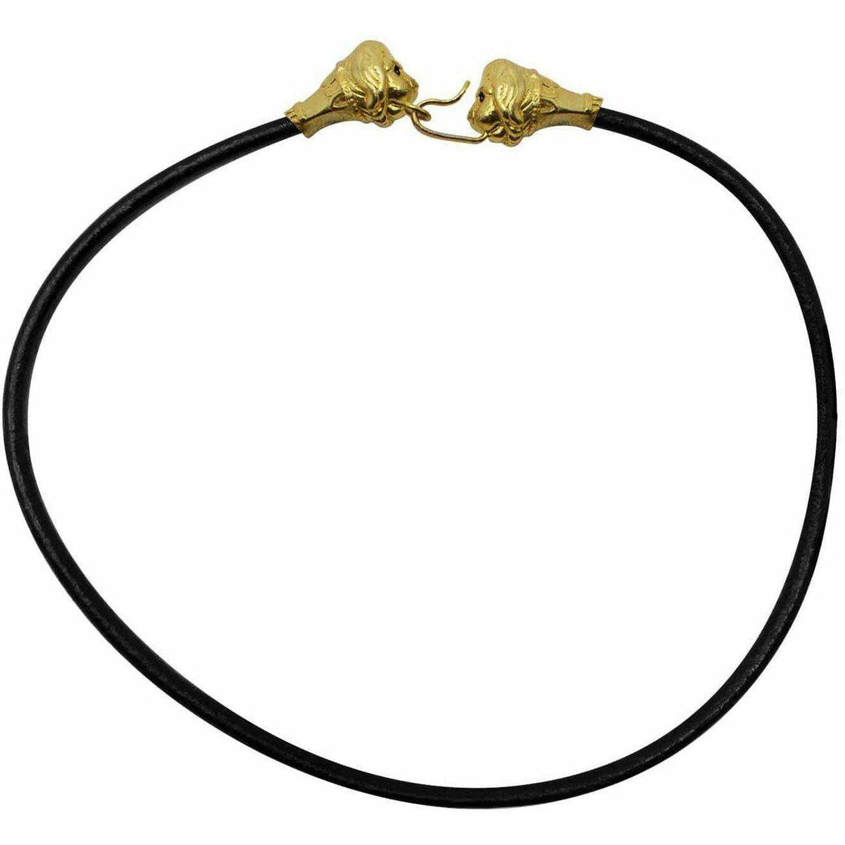 Girocollo in cuoio nero con protomi leonine in argento dorato su fondo bianco
