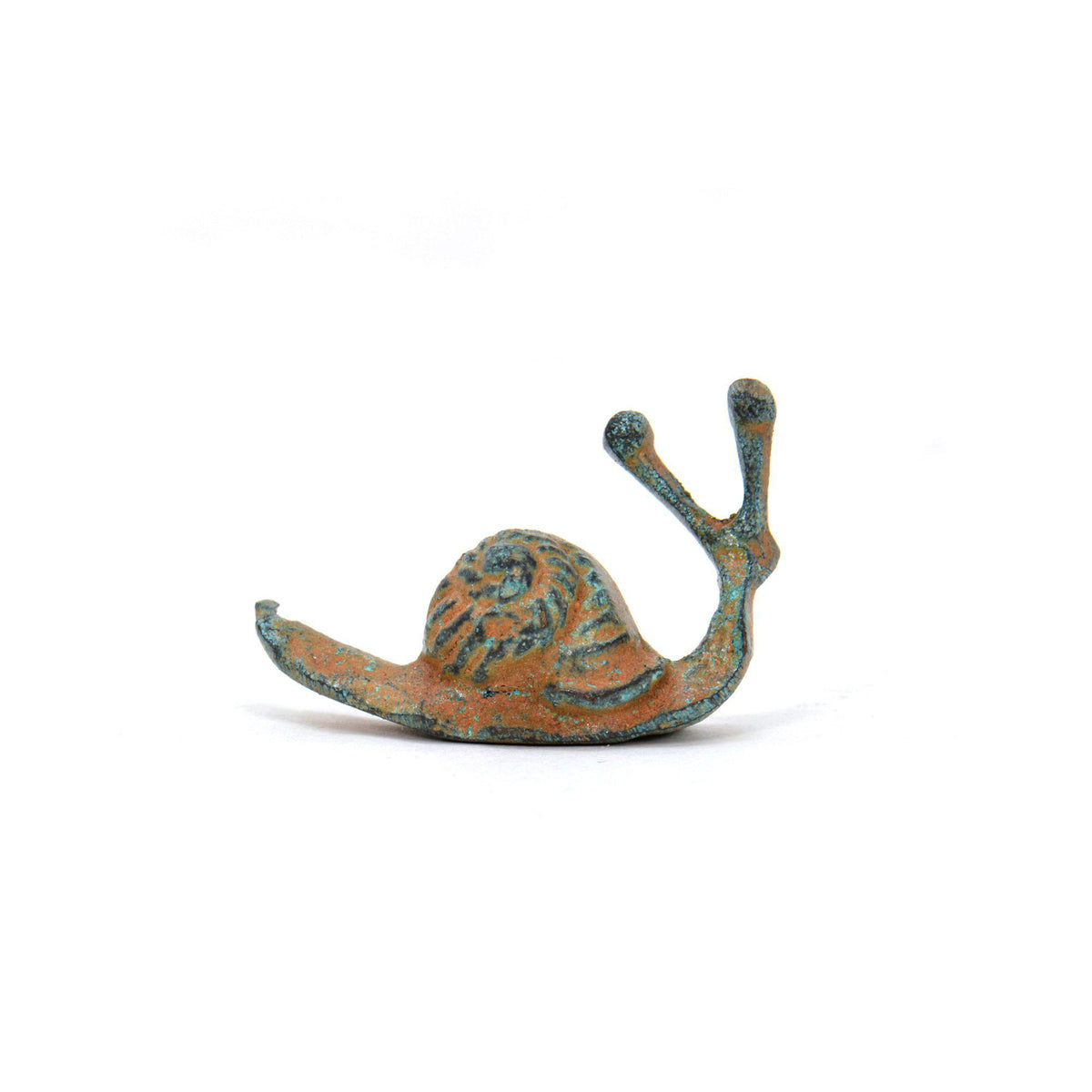 Lumaca in bronzo con patina verde, vista di lato con testa rivolta a destra e guscio a spirale, su fondo bianco.