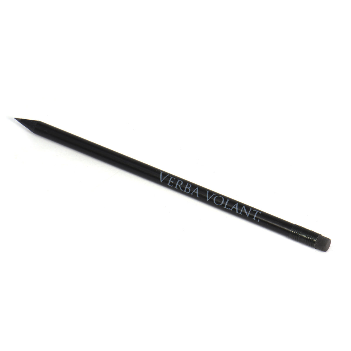 Black pencil with eraser and Latin phrase “Verba Volant” – essential and motivational design