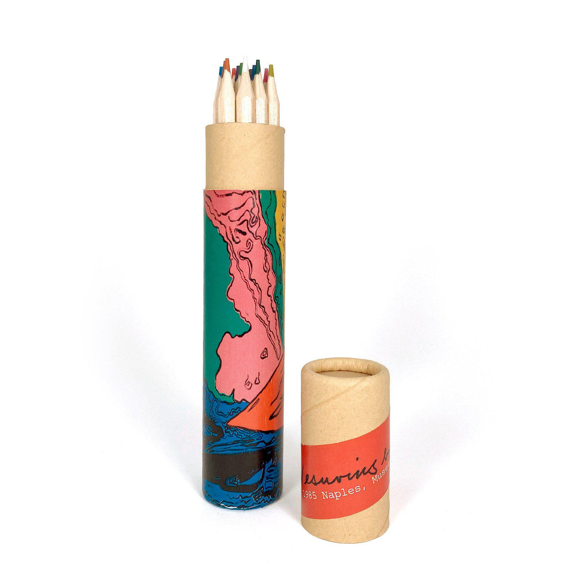 Box of colored pencils with Pop Art graphics of Vesuvius – inspiration from Andy Warhol (1985)