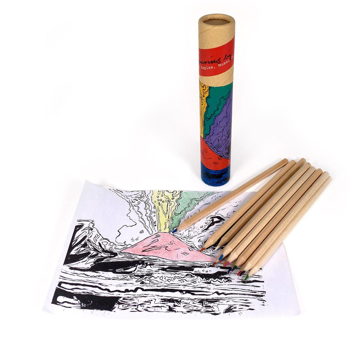 Box of colored pencils with Pop Art graphics of Vesuvius – inspiration from Andy Warhol (1985)