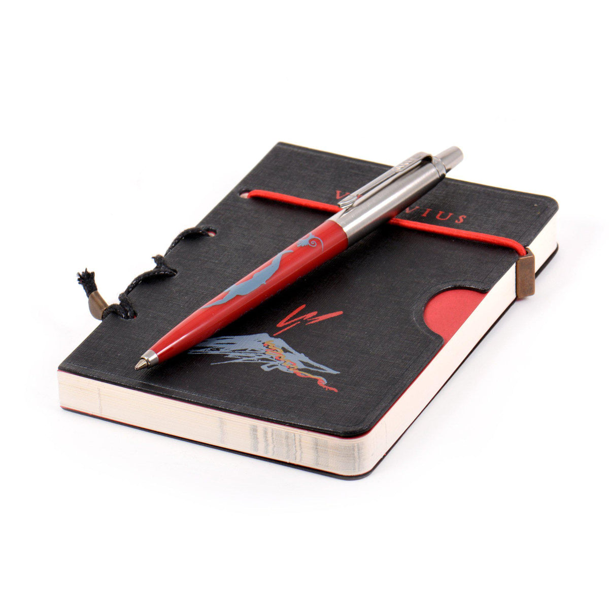 Red Parker pen with Paestum Diver graphic on Vesuvius notebook
