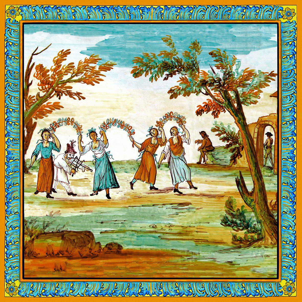 Piastrella in cotto con Pulcinella e danzatori, decoro del Chiostro di Santa Chiara