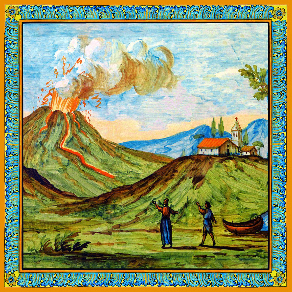Piastrella in cotto con il Vesuvio in eruzione, decoro del Chiostro di Santa Chiara