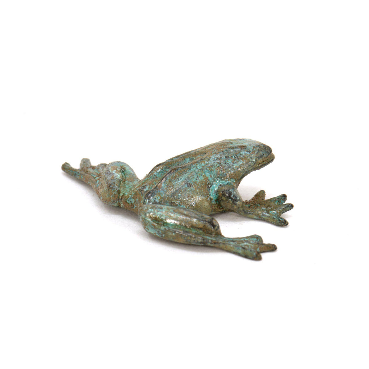 Small decorative bronze frog with a green-blue oxidized surface, photographed from the side on a white background.