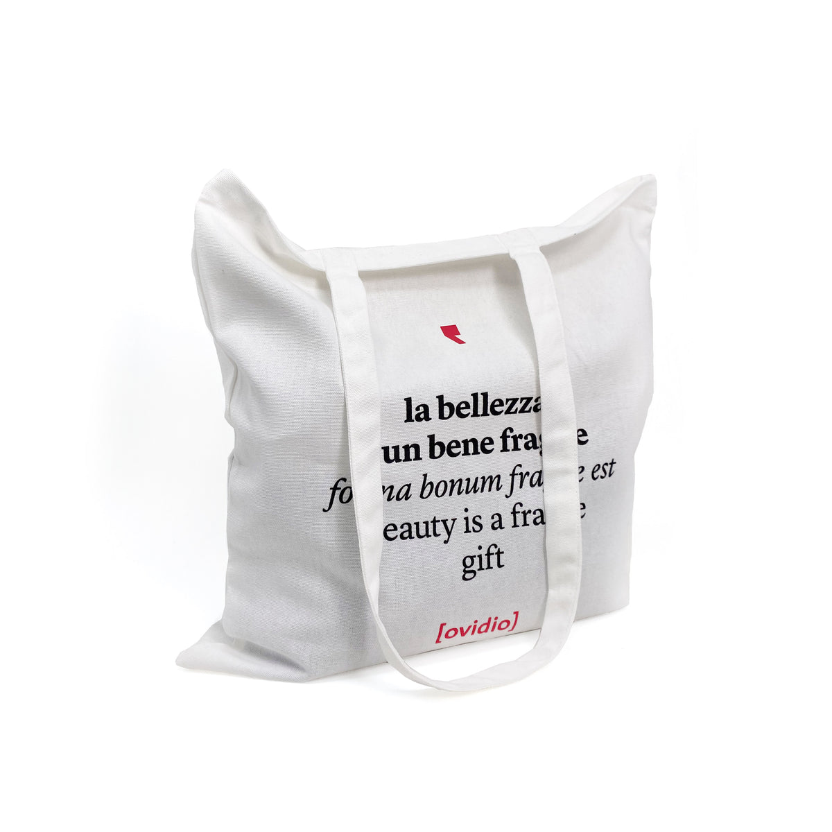 White cotton shopper with Ovid's phrase "Beauty is a fragile good" – elegant and minimal eco-friendly bag