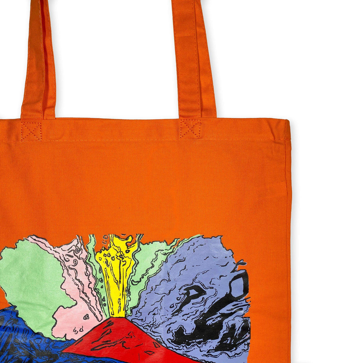 Dettaglio della stampa Vesuvius di Andy Warhol sulla shopper arancione in cotone