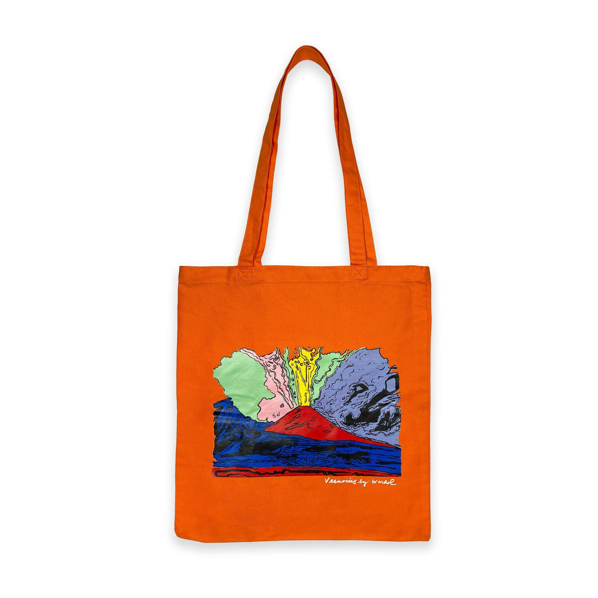 Shopper arancione in cotone con stampa Vesuvius di Andy Warhol, distesa su fondo bianco