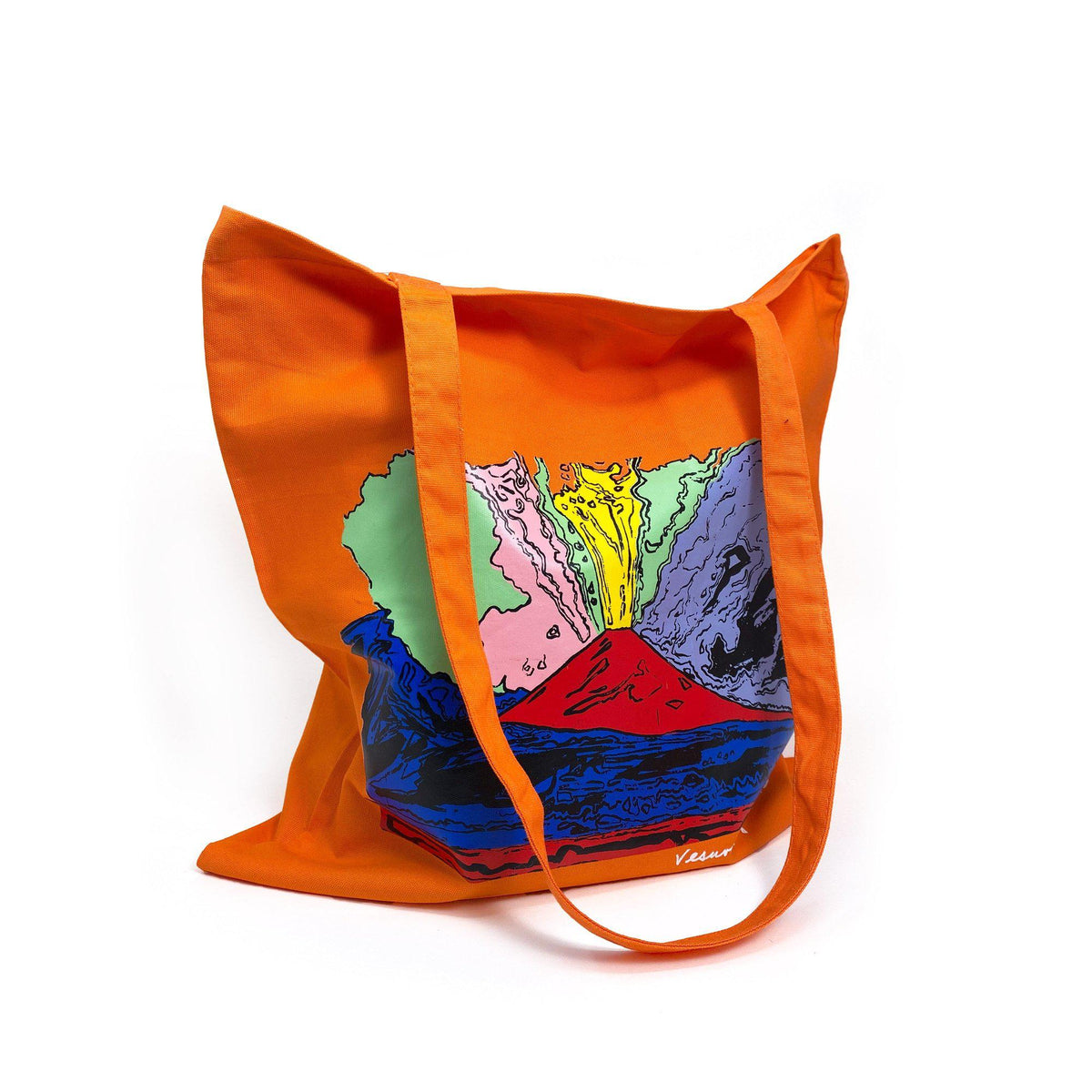 Shopper arancione in cotone con stampa Vesuvius di Andy Warhol, vista di tre quarti
