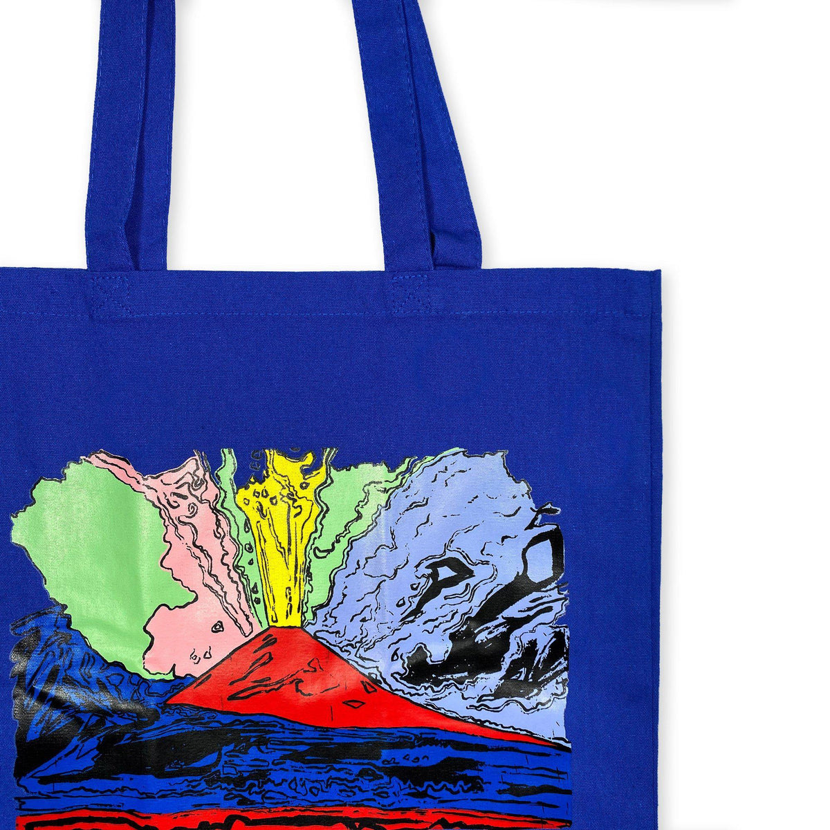 Dettaglio della stampa Vesuvius di Andy Warhol sulla shopper blu in cotone