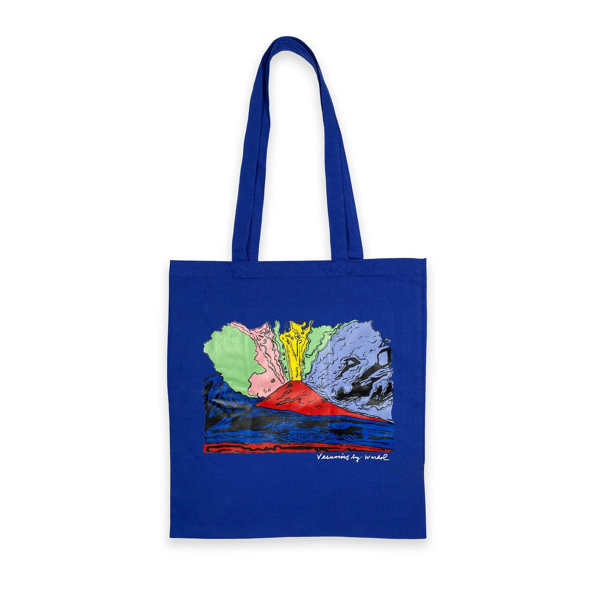 Shopper blu in cotone con stampa Vesuvius di Andy Warhol, distesa su fondo bianco