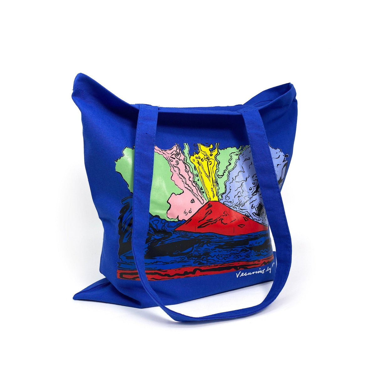 Shopper blu in cotone con stampa Vesuvius di Andy Warhol, vista di tre quarti