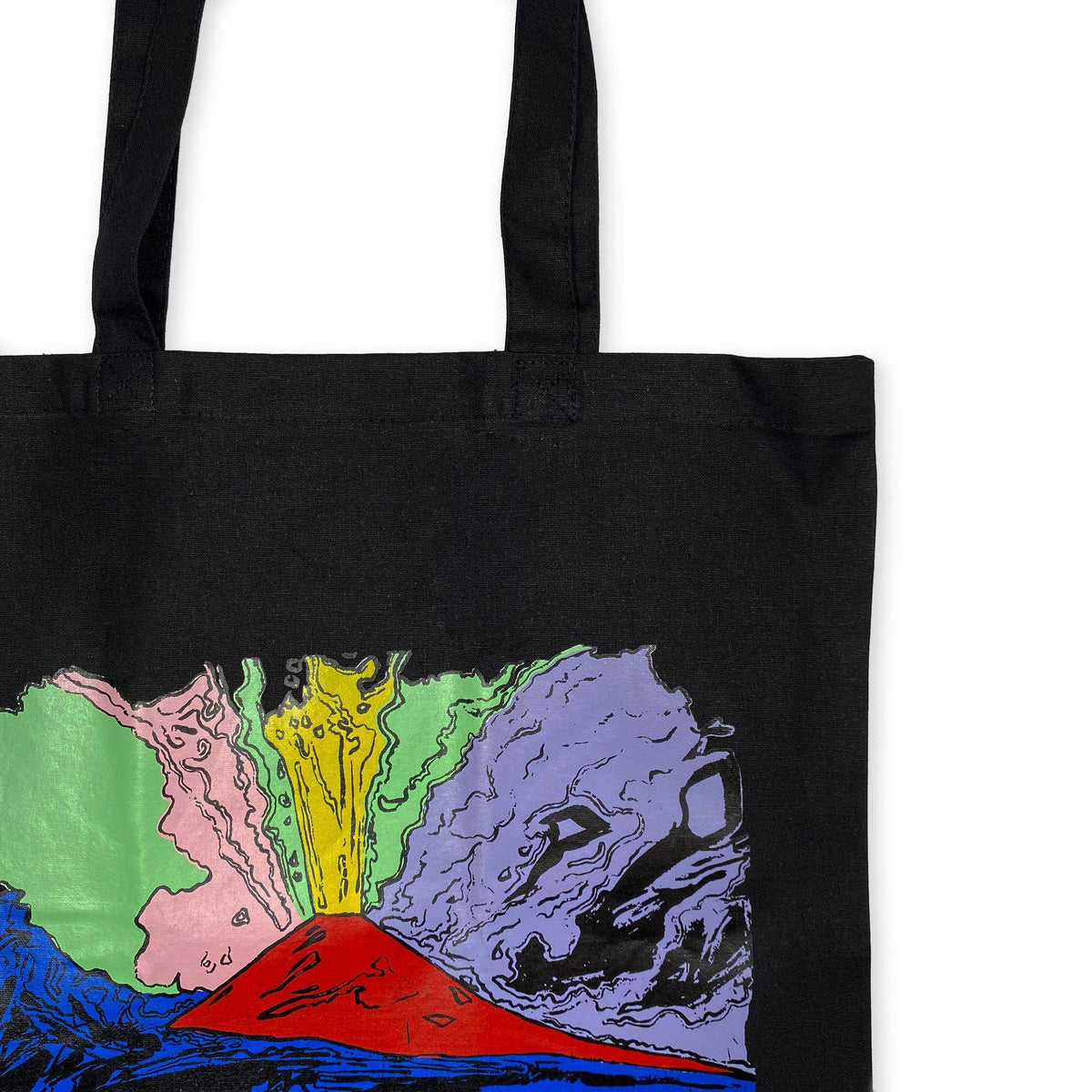 Dettaglio della stampa Vesuvius di Andy Warhol sulla shopper nera in cotone