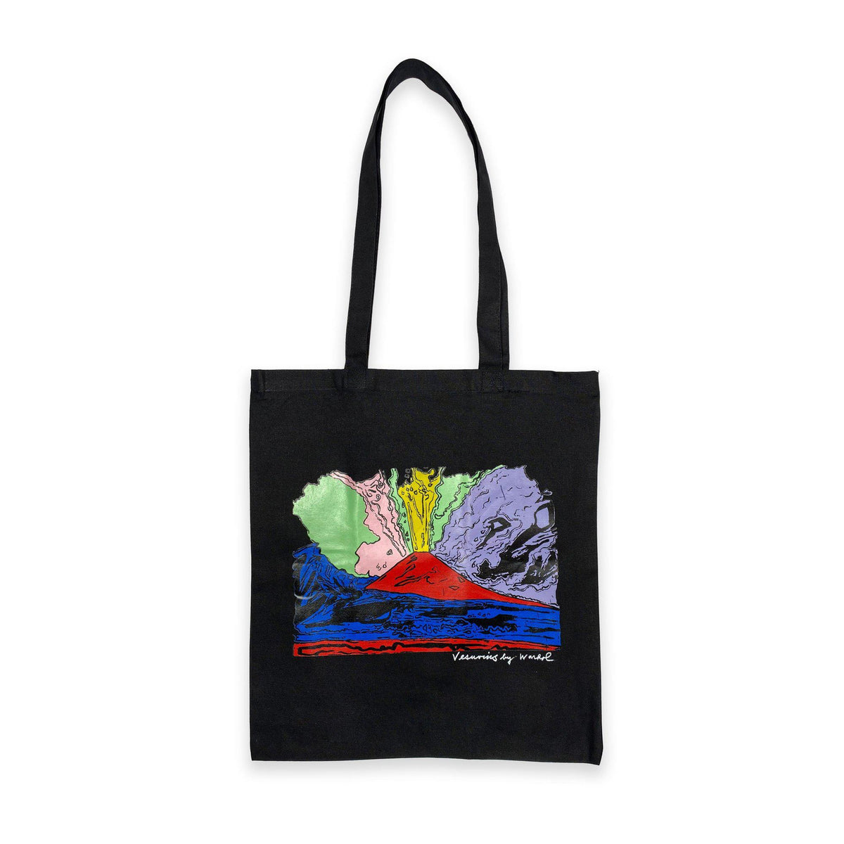 Shopper nera in cotone con stampa Vesuvius di Andy Warhol, distesa su fondo bianco