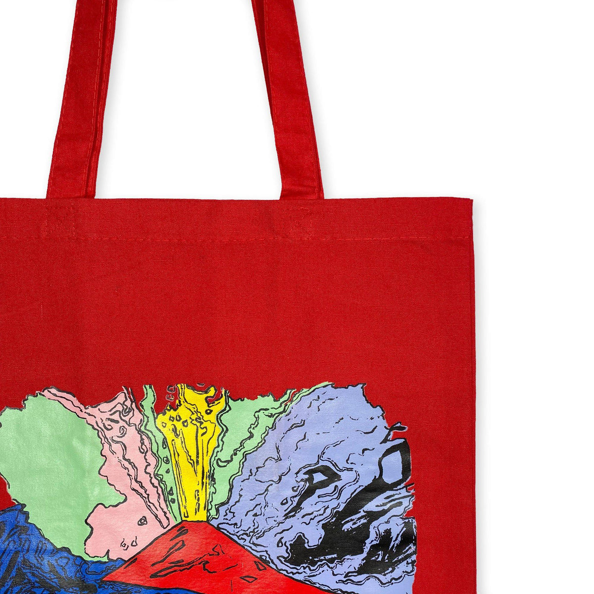 Dettaglio della stampa Vesuvius di Andy Warhol sulla shopper rossa in cotone