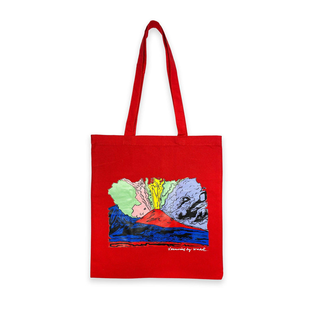 Shopper rossa in cotone con stampa Vesuvius di Andy Warhol, distesa su fondo bianco