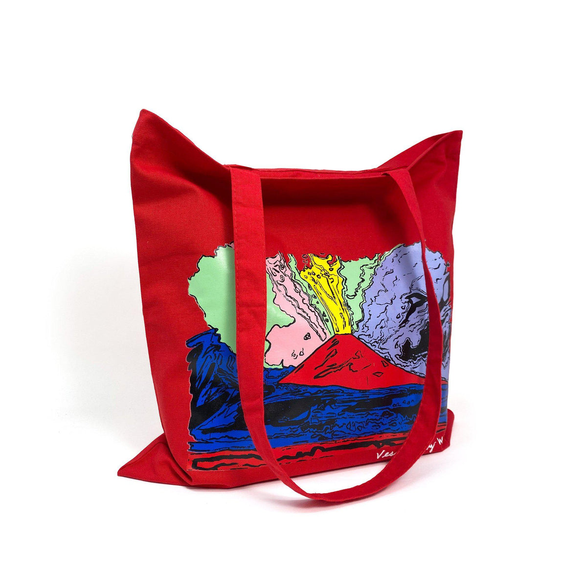 Shopper rossa in cotone con stampa Vesuvius di Andy Warhol, vista di tre quarti