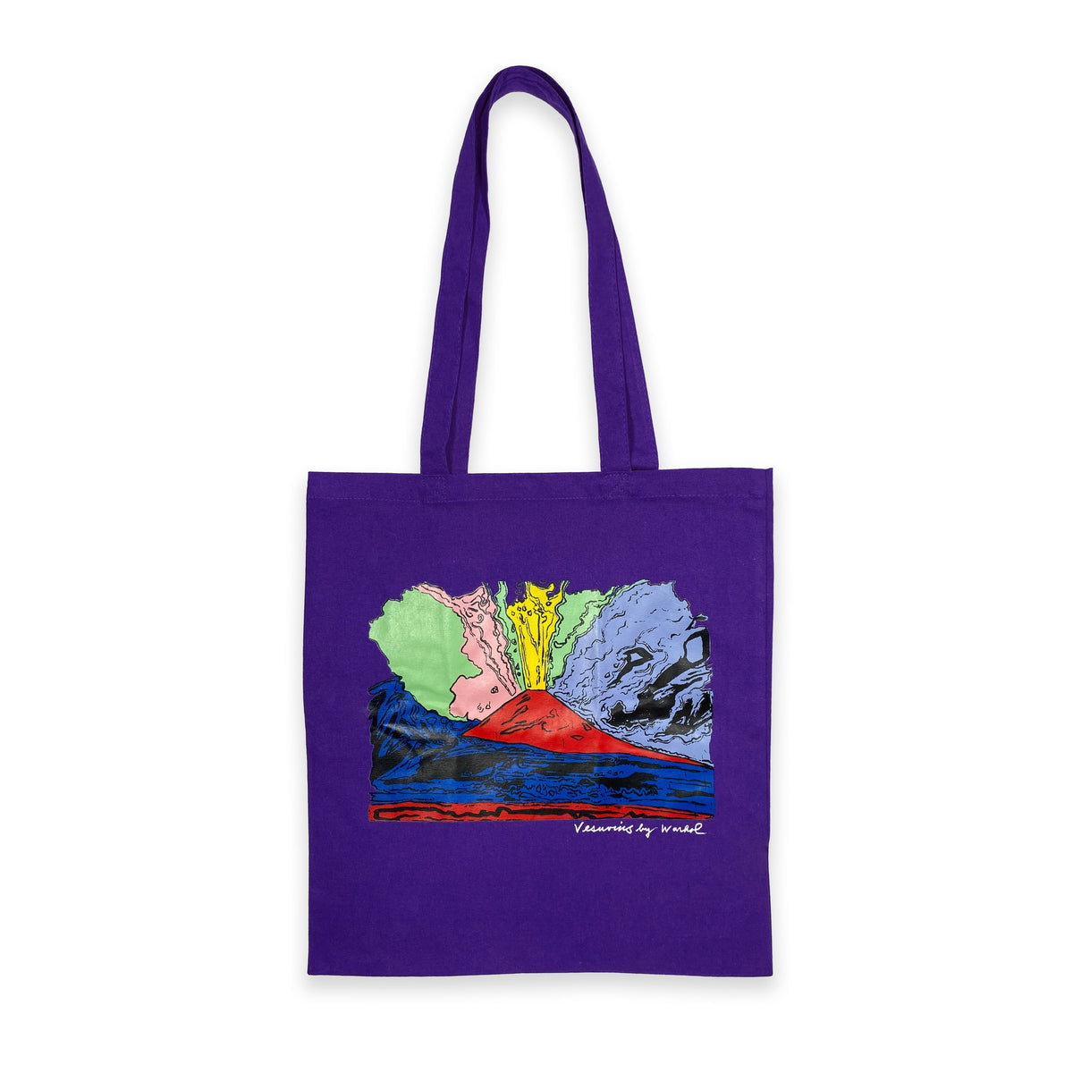 Shopper viola in cotone con stampa Vesuvius di Andy Warhol, distesa su fondo bianco