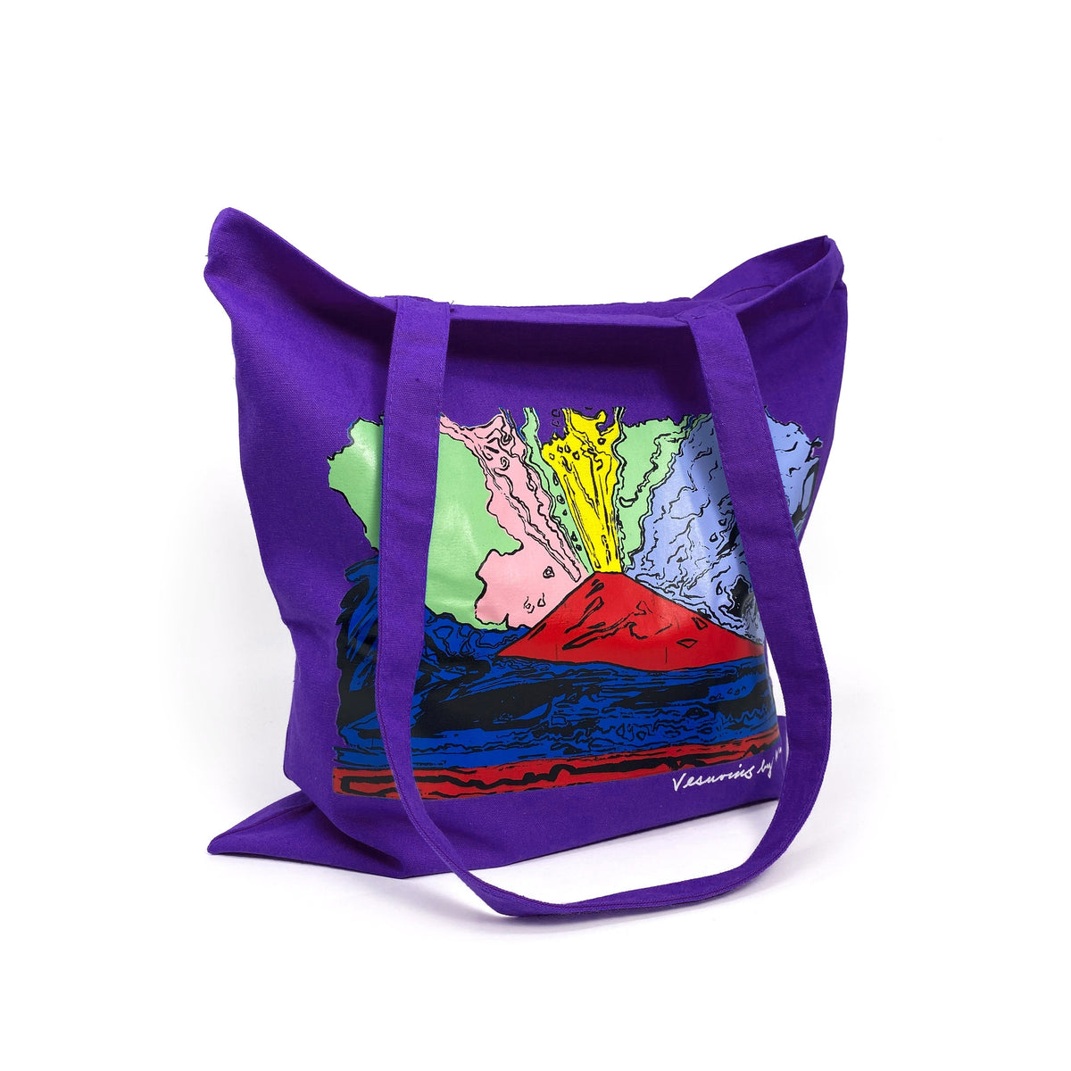 Shopper viola in cotone con stampa Vesuvius di Andy Warhol, vista di tre quarti
