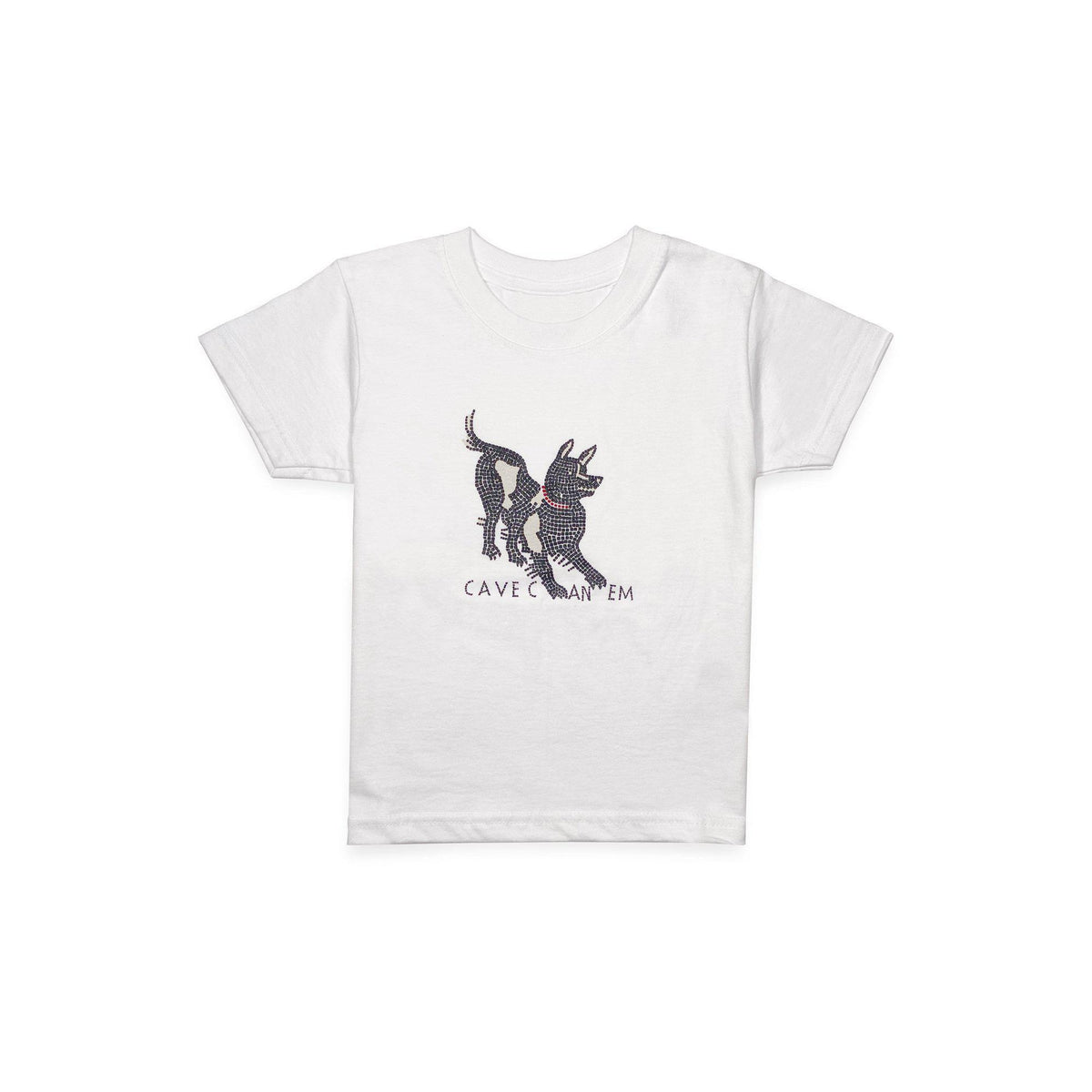 Kids' cotton t-shirt with "Cave Canem" print inspired by the Pompeii mosaic.