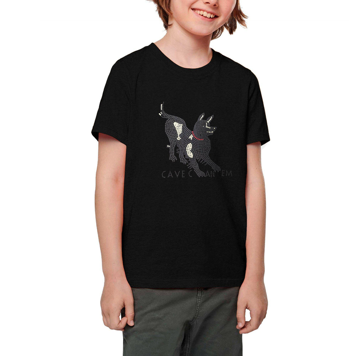 Kids' cotton t-shirt with "Cave Canem" print inspired by the Pompeii mosaic.