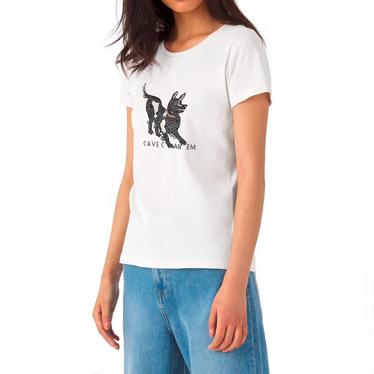 Camiseta de algodón para mujer con estampado “Cave Canem” inspirado en el mosaico pompeyano.