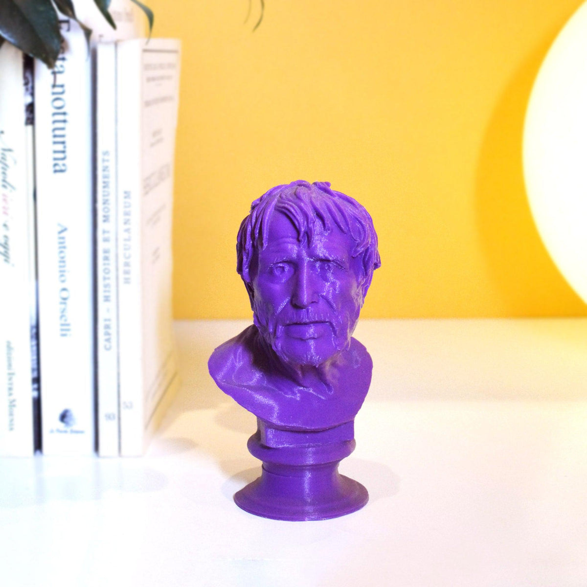 Testa di Seneca in PLA viola su piedistallo, accanto a libri su una mensola bianca con parete gialla.