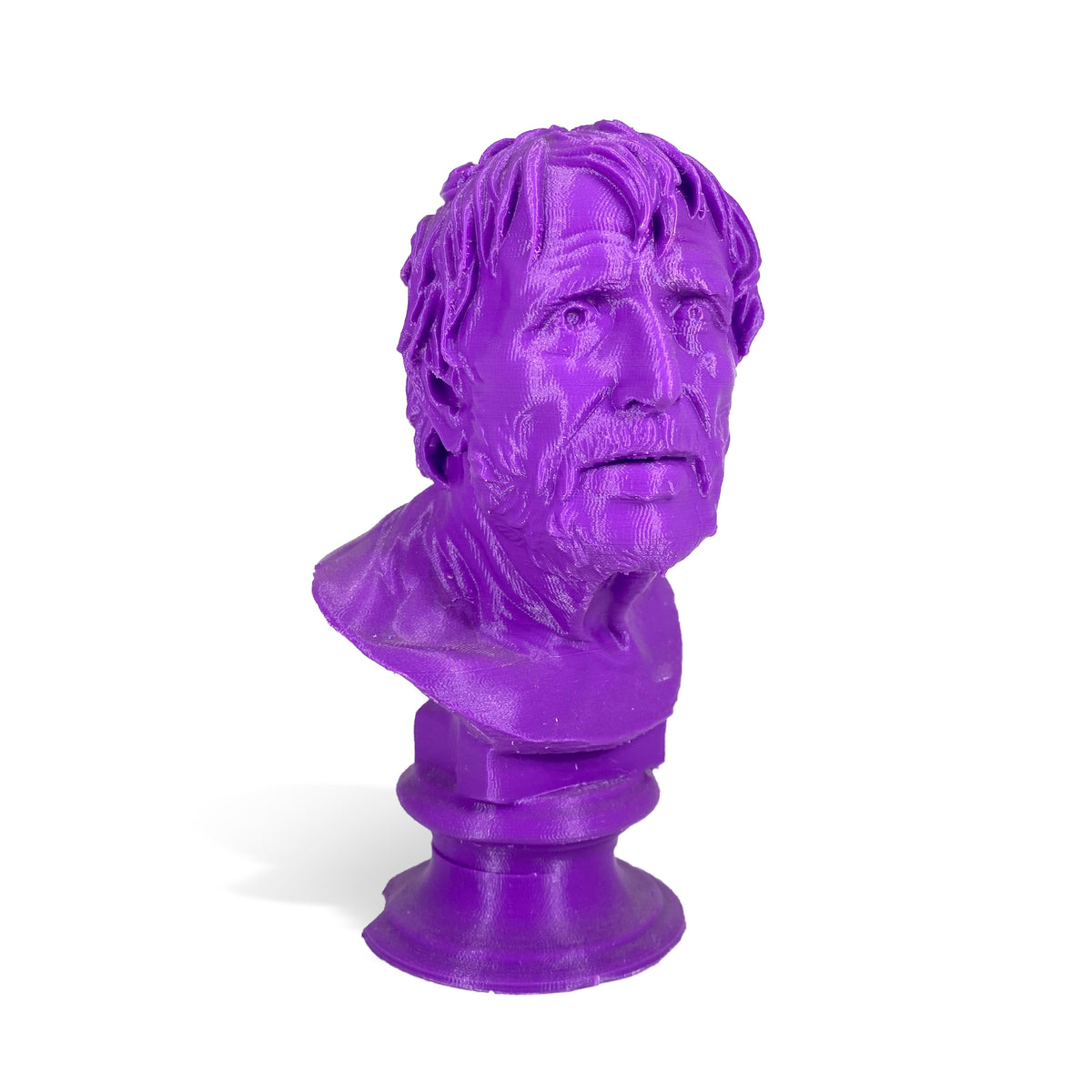 Testa di Seneca in PLA viola su piedistallo, vista di tre quarti su fondo bianco.